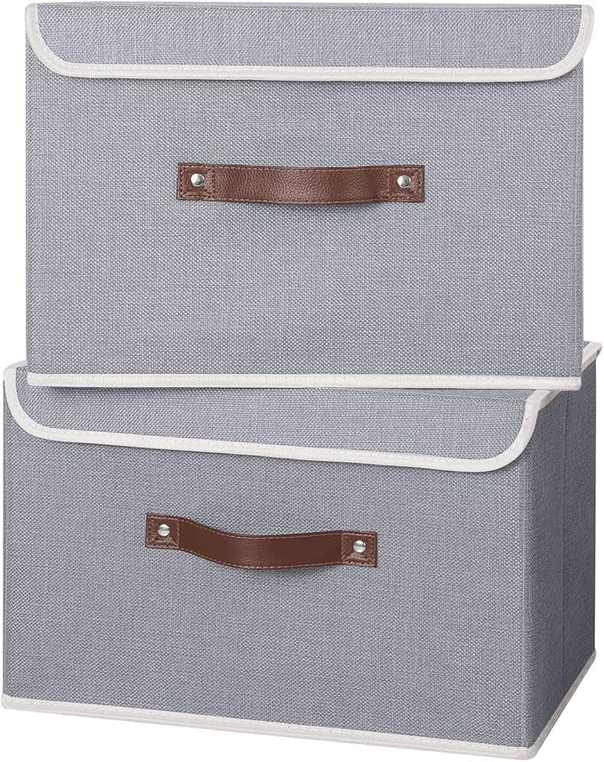 ANMINY 4PCS Storage Bins with Lid PU Leather Handles Storage Boxes PP Plastic Board Decorative Foldable Lidded Cotton Linen Fabric Home Cubes Baskets Closet Organizer Containers - Gray, Large Size-NeatNest