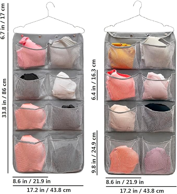 Dual Sided Hanging Closet Organizer Durable Socks Stocking Clothes Bra Accessories Storage Bag With 16 Large Pockets (Nylon Mesh Pockets)-NeatNest