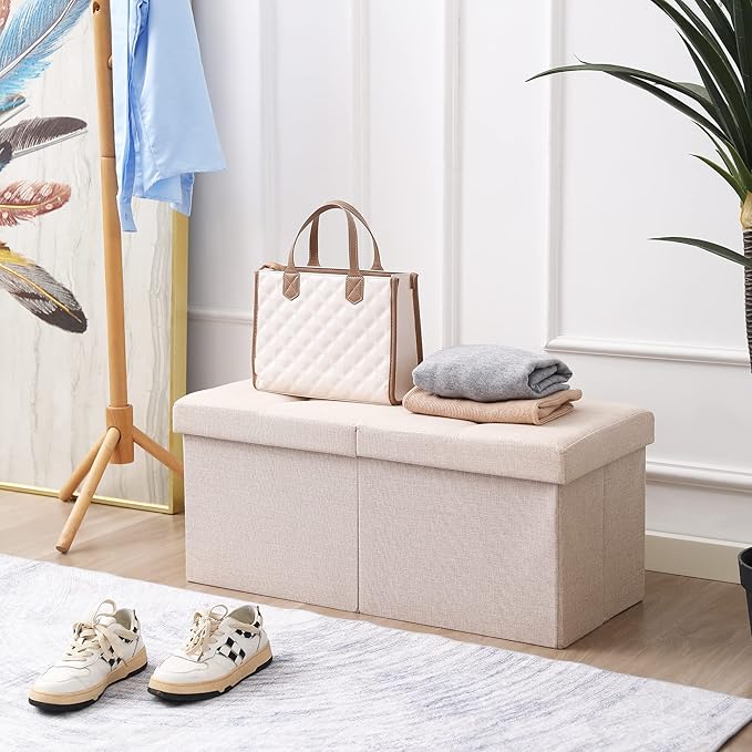 Cuyoca Foldable Seat Footrest Shoe Bench End of Bed Storage with Flipping Lid, 75L Storage Space, 30 inches Linen Fabric Beige-NeatNest