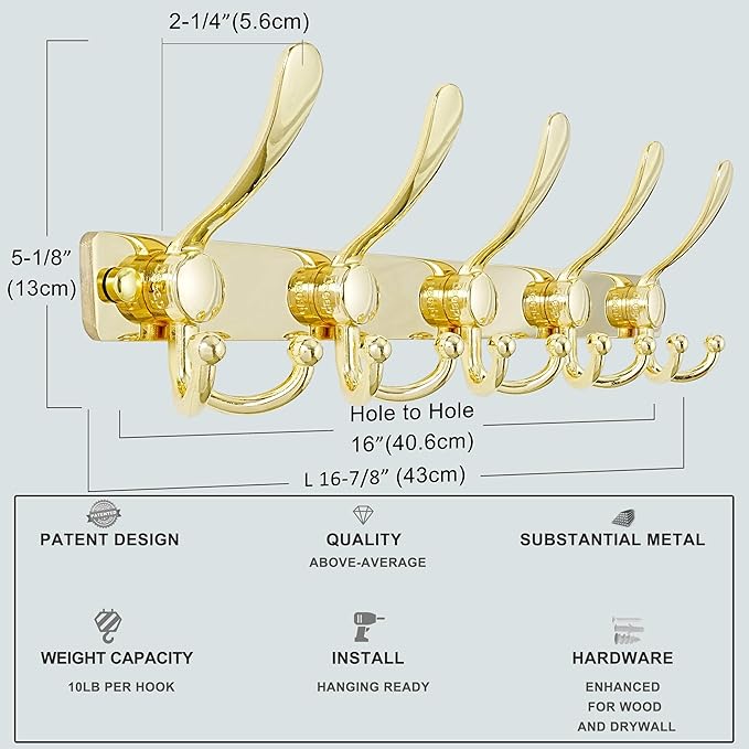 Dseap Coat Rack Wall Mount 2.0 Pro: Heavy Duty 300% Thicker, 16" Stud Mount, Stainless Steel Wall Coat Hooks Hanger for Clothes Jackets Hats Entryway Closet, MaxStrong Series, Gold