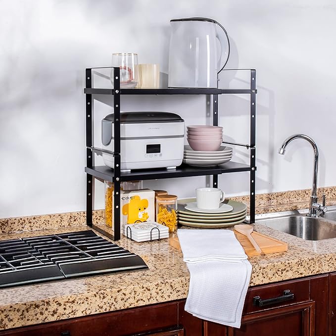 Expandable Cabinet Shelf Organizer Rack, Stackable Kitchen Counter Storage Shelves Stand, Adjustable Height Pantry Shelf Spice Rack (Black, 2 Pack)-NeatNest