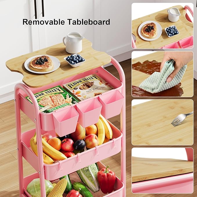 3 Tier Rolling Cart Metal with Wheels & Table Top, Pink Utility Cart with Cups and Hooks, Three Tiered Craft Cart Organizer on Wheels, Storage Carts for Salon, Lash, Hair, Nail, Makeup, Diaper, Book