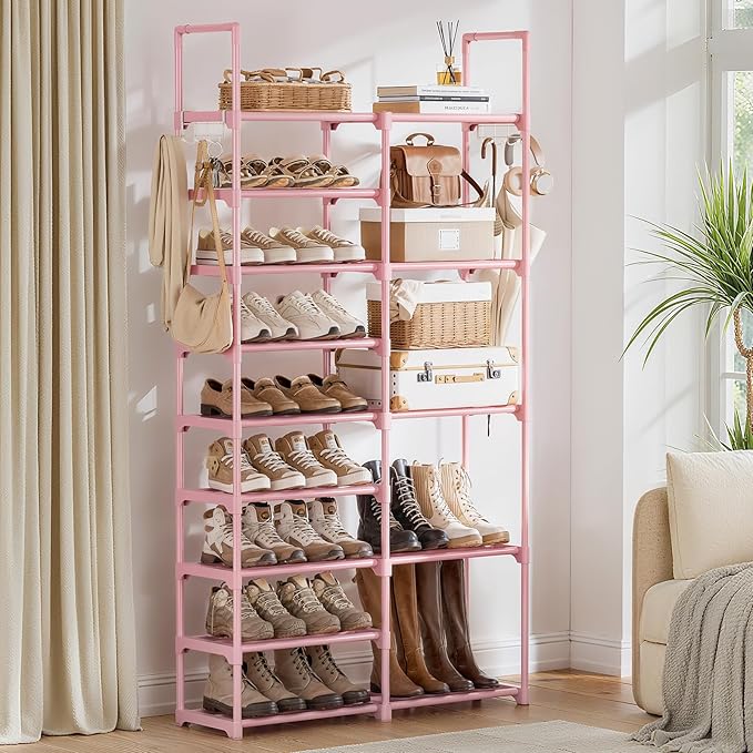 WOWLIVE 9 Tiers Shoe Rack Shoe Storage Shoe Organizer 30-35 Pairs Shoe Tower Unit Shelf Durable Metal Pipes with Plastic Connectors Stackable Cabinet Pink-NeatNest