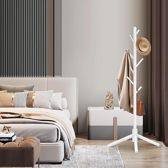 Durable Wooden Coat Rack, Freestanding Coat Rack with Stable Triangular Base, 8 Hooks & 3 Adjustable Heights, Simple Assembly for Bedroom, Hallway, Office(New White)-NeatNest
