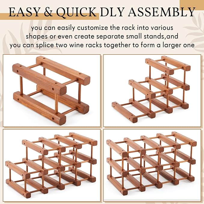 Juexica 1 Pcs 12 Bottles Wooden Wine Rack for Inside Cabinet Stackable Countertop Modular Wine Storage Rack DIY Assembly Bottle Holder for Cellar (Wooden Color)