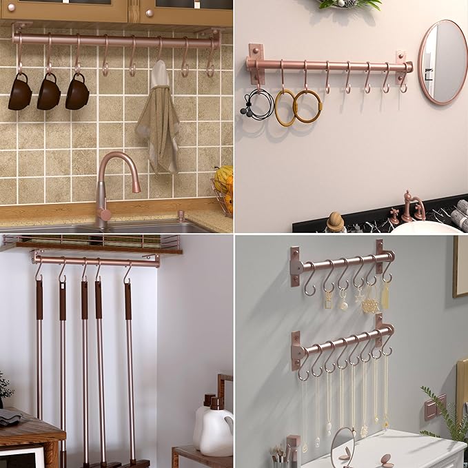 Dseap Kitchen Utensil Holder Hanger, Pot and Pan Rack Wall Mounted, Kitchen Rail with 8 Hooks for Hanging Cooking Utensils, Mugs, Spoons, Wall Mounted, Rose Gold-NeatNest