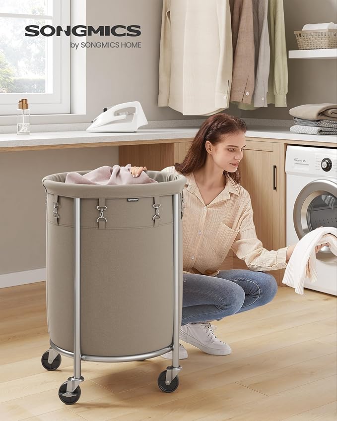 SONGMICS Laundry Basket with Casters, Rolling Laundry Hamper, 29 Gal., Round Laundry Cart with Steel Frame and Removable Bag, 4 Casters and 2 Brakes, Camel Brown and Metallic Silver URLS002N01