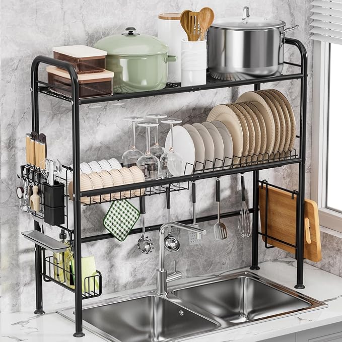 Large Over The Sink Dish Drying Rack, 2 Tier Over Sink Dish Rack with Utensil Holder, Dishes Drainer for Kitchen Counter Kitchen Organizer Metal (Fit≤32" Sink)