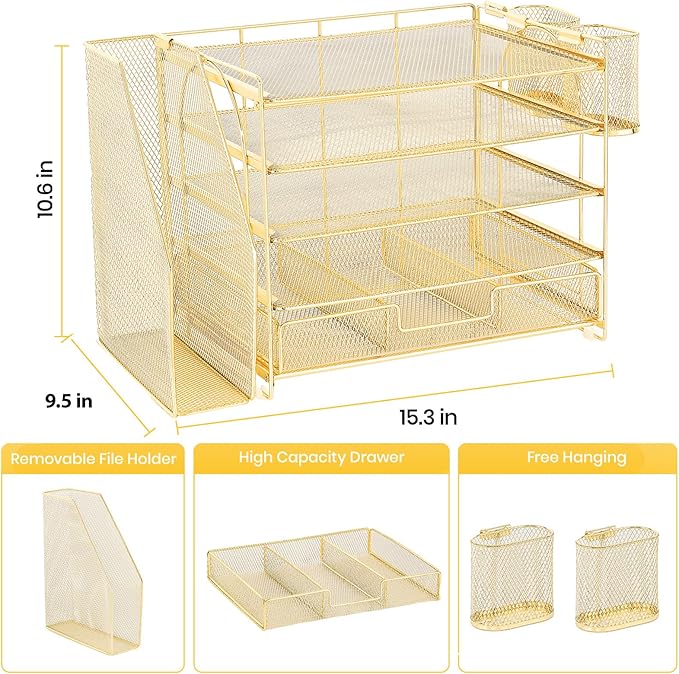 Desk Organizers and Accessories, 5-Tier Paper File Organizer with Drawer & Pen Holder, Office Desk Accessories Workspace Desktop Organizer for Office Supplies(Gold)-NeatNest