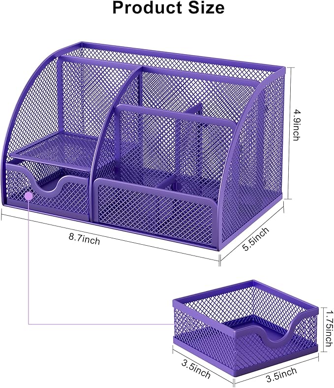 EasyPAG Mesh Desk Organizer, Multi-functional Stationery Organizer for School Supplies, Office Pen Holder for Desk, 6 Compartments Dorm Organization with Drawer, Purple