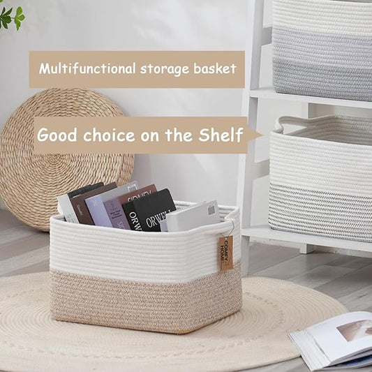 COMFY-HOMI Cotton Rope Woven Basket with Handles for Shelves,Toys,Book, Cloth Storage Baskets for Organizing-13.5" x 11" x 9.5" Toy Decorative Organizer for Living Room, Bathroom (White/Brown)-NeatNest