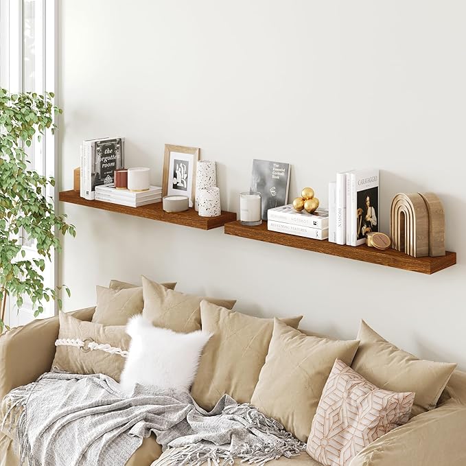 BAMEOS Floating Shelves, American Oak Wall Mounted Wooden Shelves with Invisible Brackets Set of 2, Hanging Wall Shelves Decoration for Bedroom, Bathroom, Living Room and Kitchen-NeatNest