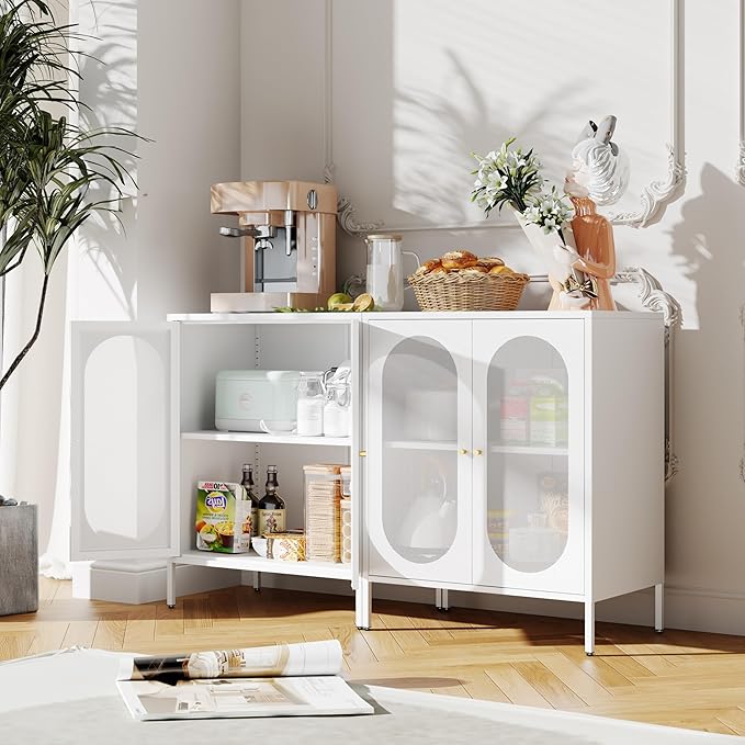 2 Door Accent Cabinet,Metal Storage Cabinet with Adjustable Shelf,Buffet Sideboard for Bed Room,Living Room,Entryway,Hallway,Home,Hotel,Office,Garage,Kitchen,1 Removable Shelf. (Mesh Door, White)