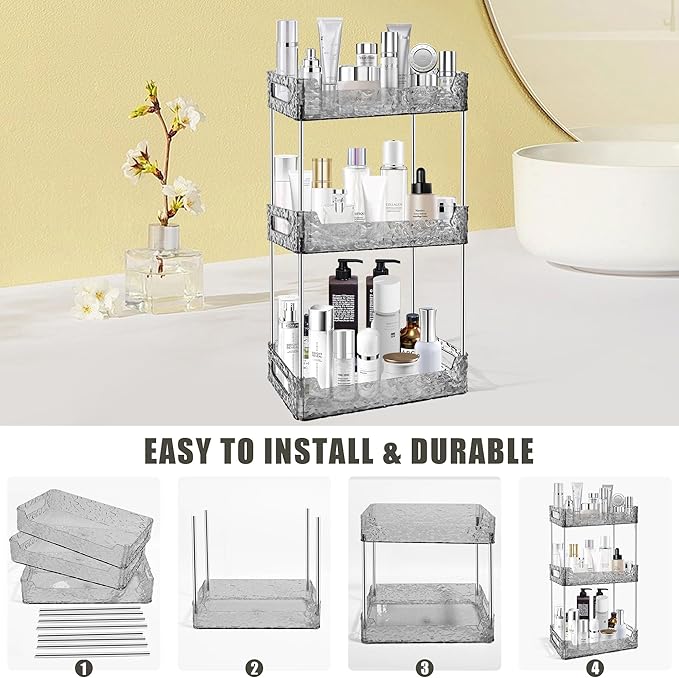 3-Tier Bathroom Counter Organizer Countertop Storage, Dresser Organizer Vanity Tray for Makeup, Perfume Organizer Cosmetics Skincare Shelf - Grey-NeatNest