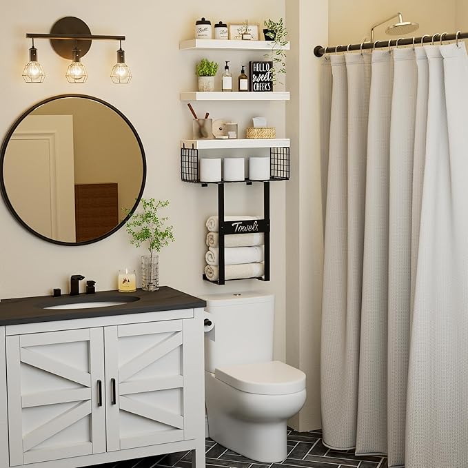 Bathroom Shelves Over Toilet - Floating Shelf for Wall Above Toilet Towels Holder Small Farmhouse Decor Shelves (15.7 inch, Set of 3, Distressed White and Black)-NeatNest