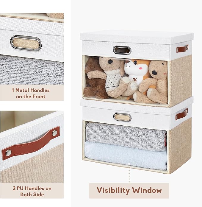 Fabric Clear Window Storage Bins with Lid, Closet Storage Box Linen Closet Baskets with 3 Handles for Organizing Clothing, Jeans, Shelves 17''- 3 Pack (Beige and White)