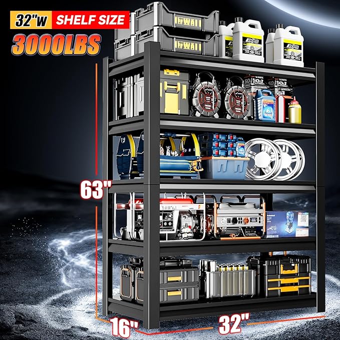 32" W Garage Shelving,5-Tier Heavy Duty Shelving Unit,3000LBS Adjustable Metal Storage Shelves,Storage Rack Units for Industrie,Shed,Warehouse,Basement,Black,32" W x 16" D x 63" H-NeatNest