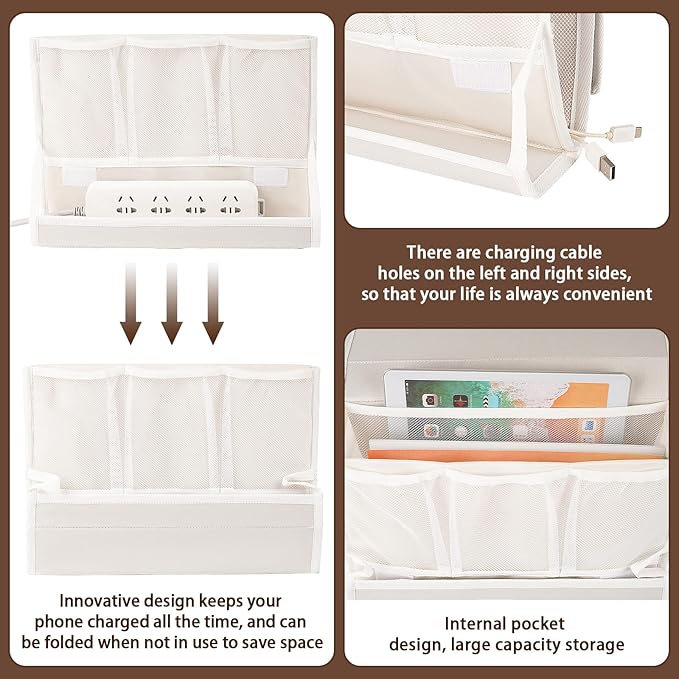 Bedside Caddy Bedside Storage Organizer Bedside Organizer with Power Strip Holder and 2 Adjustable Straps for Home Bunk Bed College Dorm Sofa (White)-NeatNest