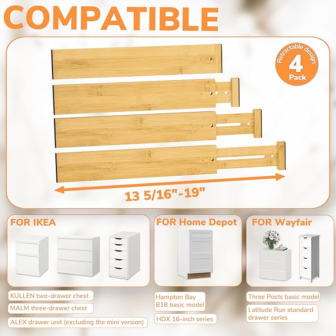 BAMEOS Drawer Divider,Expandable Bamboo Separators Adjustable Utensil Knife Fork Tool Kitchen Organizer, Clothes Fabric Drawer Organizer In Bathroom Bedroom Office, Cabinet Dresser Organizer 4-pack-NeatNest