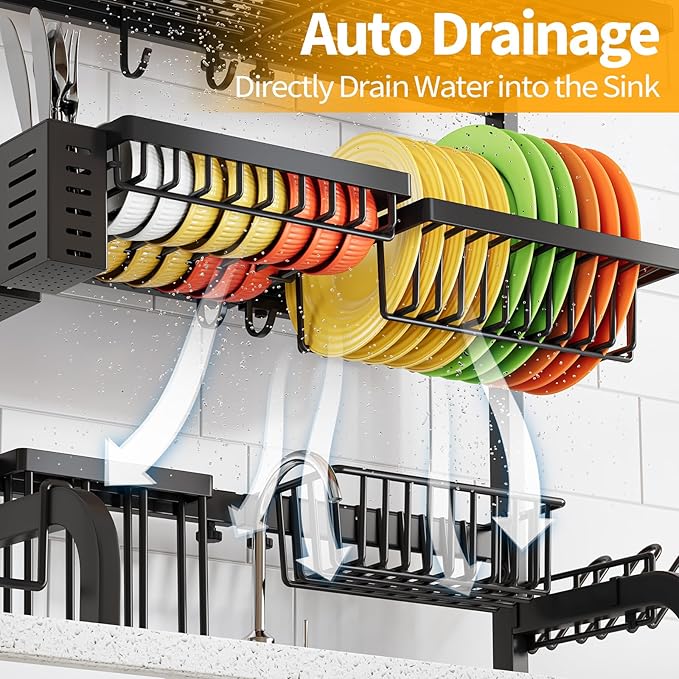 Over The Sink Dish Drainer Drying Rack,Large Over Sink Dish Drying Rack,3 Tier Dish Rack Over Sink Counter with Storage Baskets,Above Sink Dryer Racks with Adjustable Size L(25.19"-37.4")*H30.9"