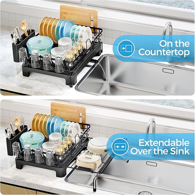 Dish Drying Rack, Extendable Dish Rack for Kitchen Counter, Large Sink Drying Dish Drainer, Stainless Steel Dish Strainer with Drainboard & Cups Holder, Black