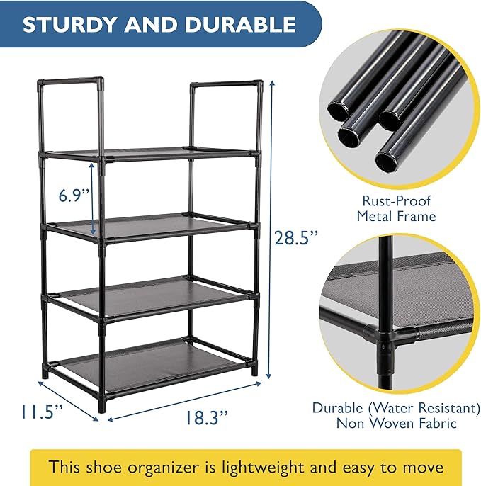 Sundaze Shoe Rack - 4 Tier Shoe Rack for Closet, Sturdy Stackable Shoe Organizer for Closet, Bedroom, Entryway, Garage, Non Woven Fabric Shelf, Black, Holds 8-12 Pairs-NeatNest