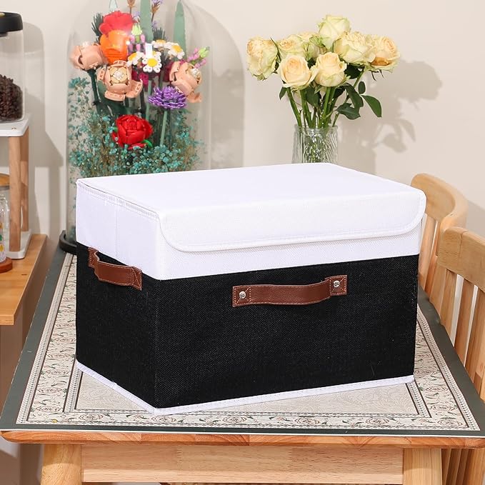ANMINY Storage Boxes with Lids Washable Decorative Storage Bins Basket with PU Leather Handle Foldable Linen Fabric Storage Cubes Containers for Home Closet Organizer - Black White, Large Size-NeatNest