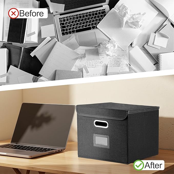 File Organizer Box, Linen Filing Organizer with Lid, Large Desktop File Boxes, Black