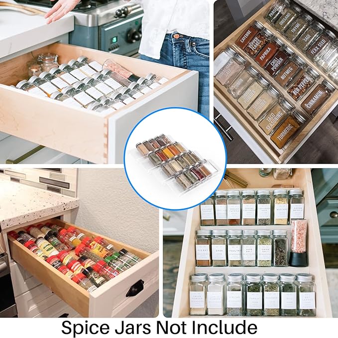 Antimbee Spice Drawer Organizer, 4 Tier- 4 Pack Acrylic Spice Rack Tray for Drawer, Expandable From 13" to 26" Kitchen Spice Rack Tray for Countertop Holds up 28 Spice Jars (Jars not Include)-NeatNest
