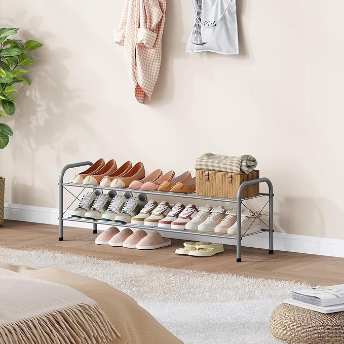 Hoctieon 2 Tier Shoe Rack for Closet, Durable Mesh Style Shoe Rack, Entryway Shoe Shelf, Shoe Storage Organizer for Hallway, Bedroom, Living Room, Wardrobe, Grey-NeatNest