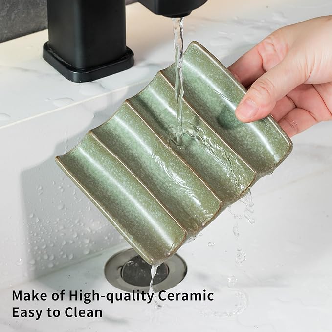 Draining Ceramic Soap Dish - Fluted Design, Bar Soap Holder for Shower & Bathroom, Soap Saver Sponge Lift, Green-NeatNest