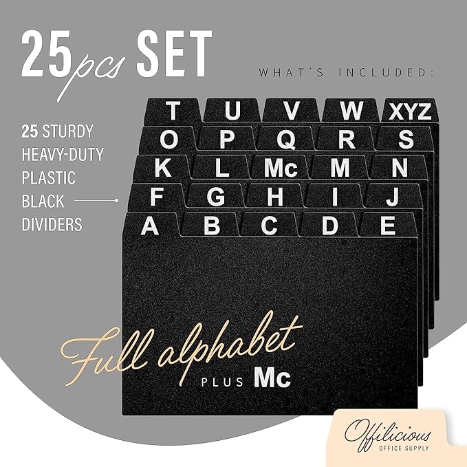 4x6 Index Card Holder Dividers - 25 Plastic Black Index Card Dividers with Alphabet Tabs - Index Card Organizer, Index Cards, Index Card File Box, Trading Card Dividers, 5 Tab Dividers
