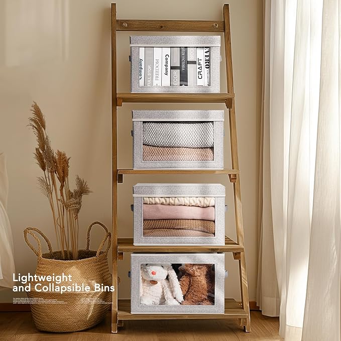 Storage Boxes with Lids - 4 Pack Fabric Clear Window Storage Bins, Large Decorative Storage Bins with Handles, Linen Closet Organizer for Clothes, Towel, Blanket, Light Grey-NeatNest