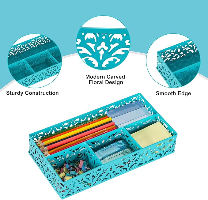 EasyPAG Desk Drawer Organizer with 4 Compartments, Carved Hollow Floral Metal Tray for Office, Jewelry, Cosmetics - No Assembly, Dark Teal-NeatNest