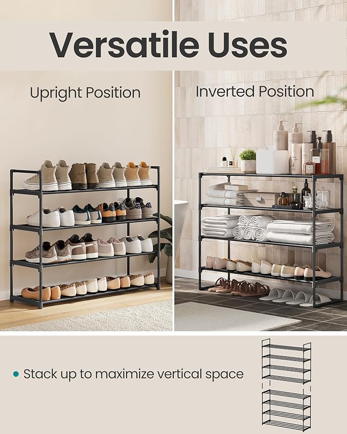 SONGMICS Shoe Rack, 4-Tier Shoe Organizer, Metal Storage Shelf, Upright or Upside Down, for 20-25 Pairs, Stackable, for Entryway, 11.8 x 36.2 x 29.5 Inches, Black ULSA14BK-NeatNest