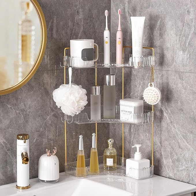 3 Tier Plastic Bathroom Counter Organizer with Hooks,Corner Vanity Tray and Makeup Storage Shelf for Sink, Countertop (White Gold)-NeatNest
