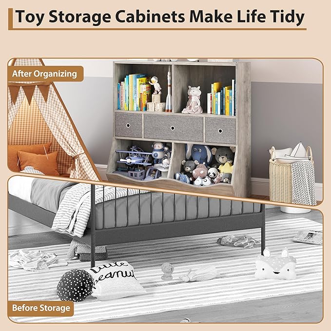 IDEALHOUSE 7-Cubby Large Kids Toy Storage Organizer, Children Wood Bookcase and Bookshelf, 3-Tier Toy Storage Cabinet with 3 Drawers for Hallway, Playroom, Living Room, School,Gray