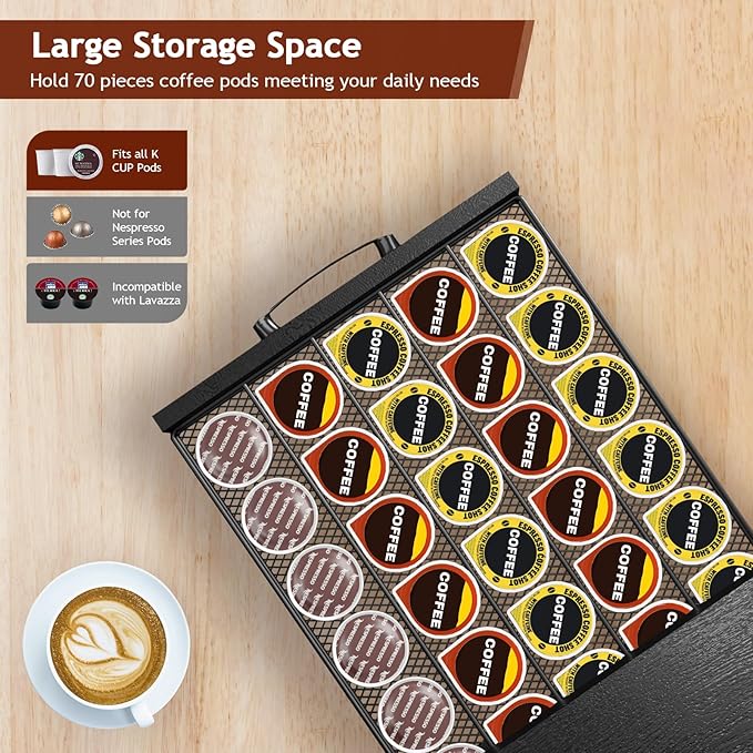 K Cup Holder Drawer - K Cup Storage Organizer, Coffee Pod Drawer with Hooks, Durable Iron-Wood Design, Space-Saving Coffee Station Organizer for Kitchen Counter-NeatNest
