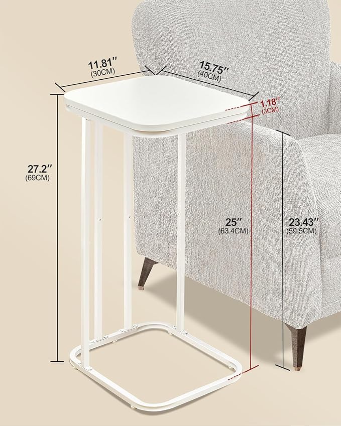 C Shaped End Table, 27 Inches High Small Side Table for Sofa and Bed, Couch Table That Slides Under, Tall Tv Tray Table for Living Room, Bedroom, Metal Frame, Snow White