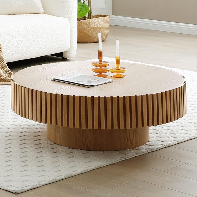 31" Round Coffee Table for Living Room, Mid Century Modern Coffee Table with Sturdy Pedestal, Circle Center Table Accent Tea Table for Apartment ASH