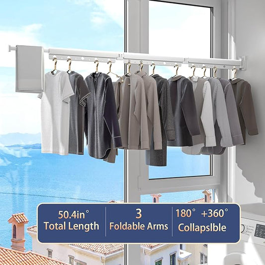 Clothes Drying Rack, Laundry Drying Rack Wall Mount for Bathroom, Retractable and Foldable Clothes Hanging Rack for Indoor, Space Saver for Laundry Room, Balcony, Closet, Bedroom(3-Fold),White-NeatNest