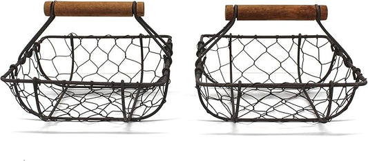 CVHOMEDECO. Chicken Wire Egg Baskets Rust Gathering Baskets with Wooden Handle Country Vintage Style Storage Baskets. Set of 2 (Square)-NeatNest
