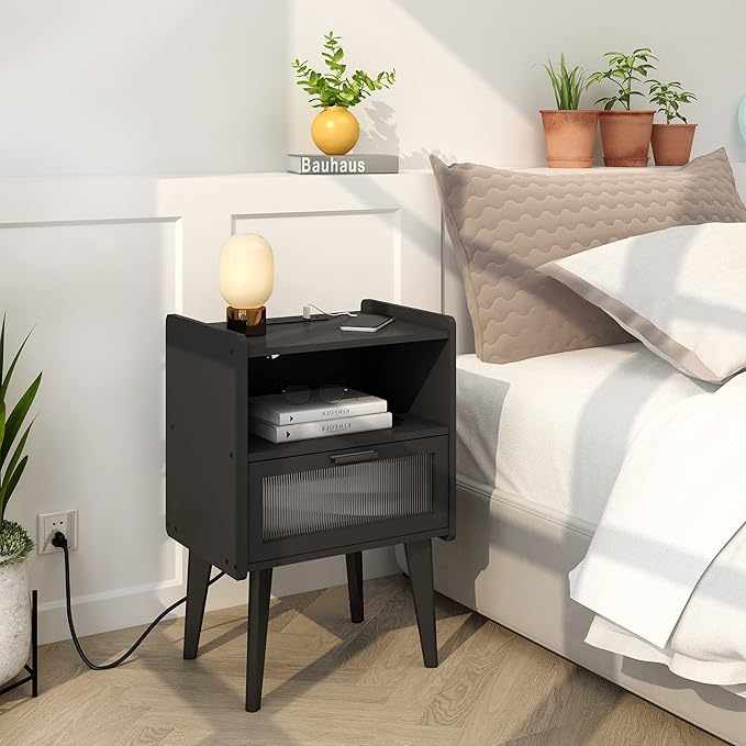 Nightstand with Charging Station, Bedside Tables, End Table Side Table with 2 Tiers Storage Space, for Bedroom, Living Room, Black CAMLBZ07BE