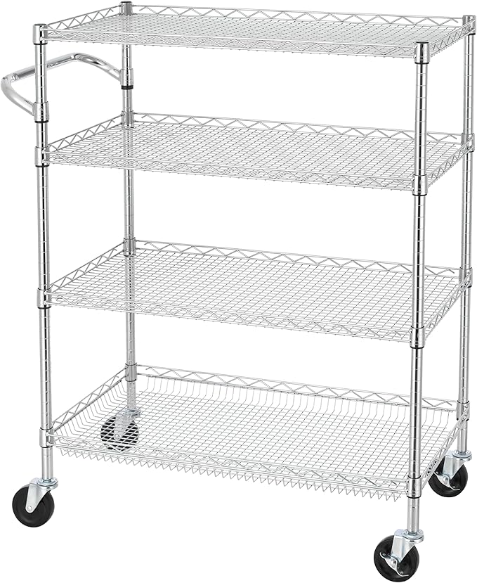 Finnhomy 4 Tier Heavy Duty Commercial Grade Rolling Cart with Handle Bar, Metal Wire Utility Cart with Wheels, Kitchen Service Trolley on Wheels, Shelf Size 18" D x 36" W, NSF, Chrome