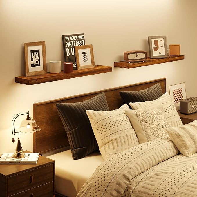 BAMEOS Floating Shelf,Wall Shelf,Decor Wall Mounted Shelves,Hanging Shelf Set L24xW6 for Bathroom Kitchen Living,Kitchen,Room Bedroom Storage, Rustic Brown-NeatNest