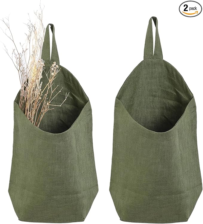 100% Linen Hanging Storage Bags Baskets 2 Pcs, Small Wall Storage Bag for Kitchen, Bedroom, RV Camper Organizer, Sewing Room, Nursery Storage, Kids Room, Army Green