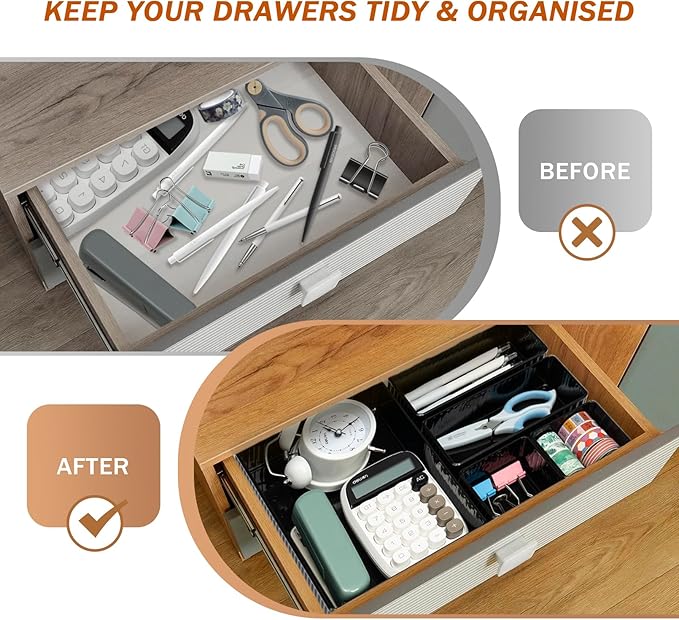 6 PCS Black Drawer Organizer Set 3-Size, Makeup Organizer,Versatile Desk and Vanity Drawer Organizer Trays, Storage Bins for Bedroom, Kitchen,Bathroom-NeatNest