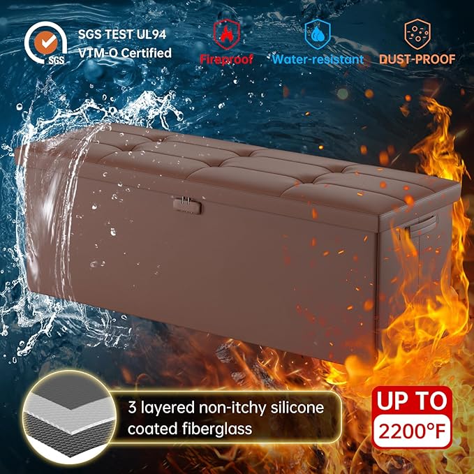 DocSafe Storage Ottoman Bench,Fireproof&Waterproof Folding Bench with Lock(15”x 43”x15”),Leather Storage Chest with Handles&2 Extra Boxes,Ottoman Safe for Bedroom,Living Room,Home Office,Brown-NeatNest