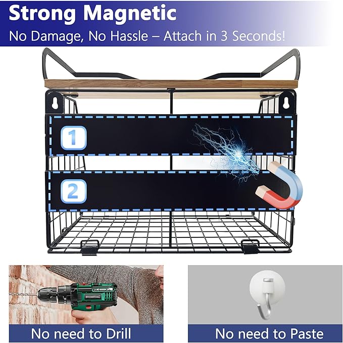 bealy Upgrade Strong Magnetic Shelf for Fridge with Wood Lid Top, XXL Large Capacity Magnetic Spice Rack for Fridge, Multifunction Kitchen Pantry Organizers and Storage, Fruit Potato Storage Basket-NeatNest