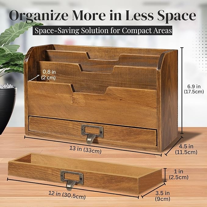 Flexzion 3 Tier Wooden Desk Organizer - Country Rustic Compartments Slot File Tray Pencil Sorter Shelf Holder Supplies Rack Accessories Set with Storage Drawer for Desktop Tabletop Office Home Brown-NeatNest